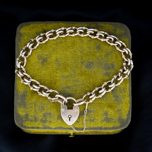 Antique Heart Padlock Fancy Gate 9ct Gold Bracelet