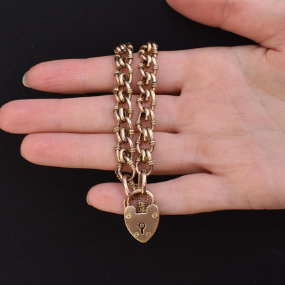 Antique Heart Padlock Fancy Gate 9ct Gold Bracelet