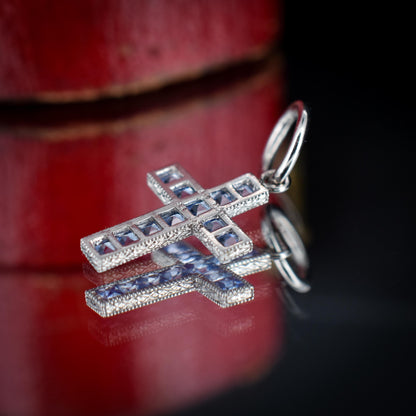 French Cut Ceylon Sapphire Cross Platinum Charm Pendant - 0.50ct