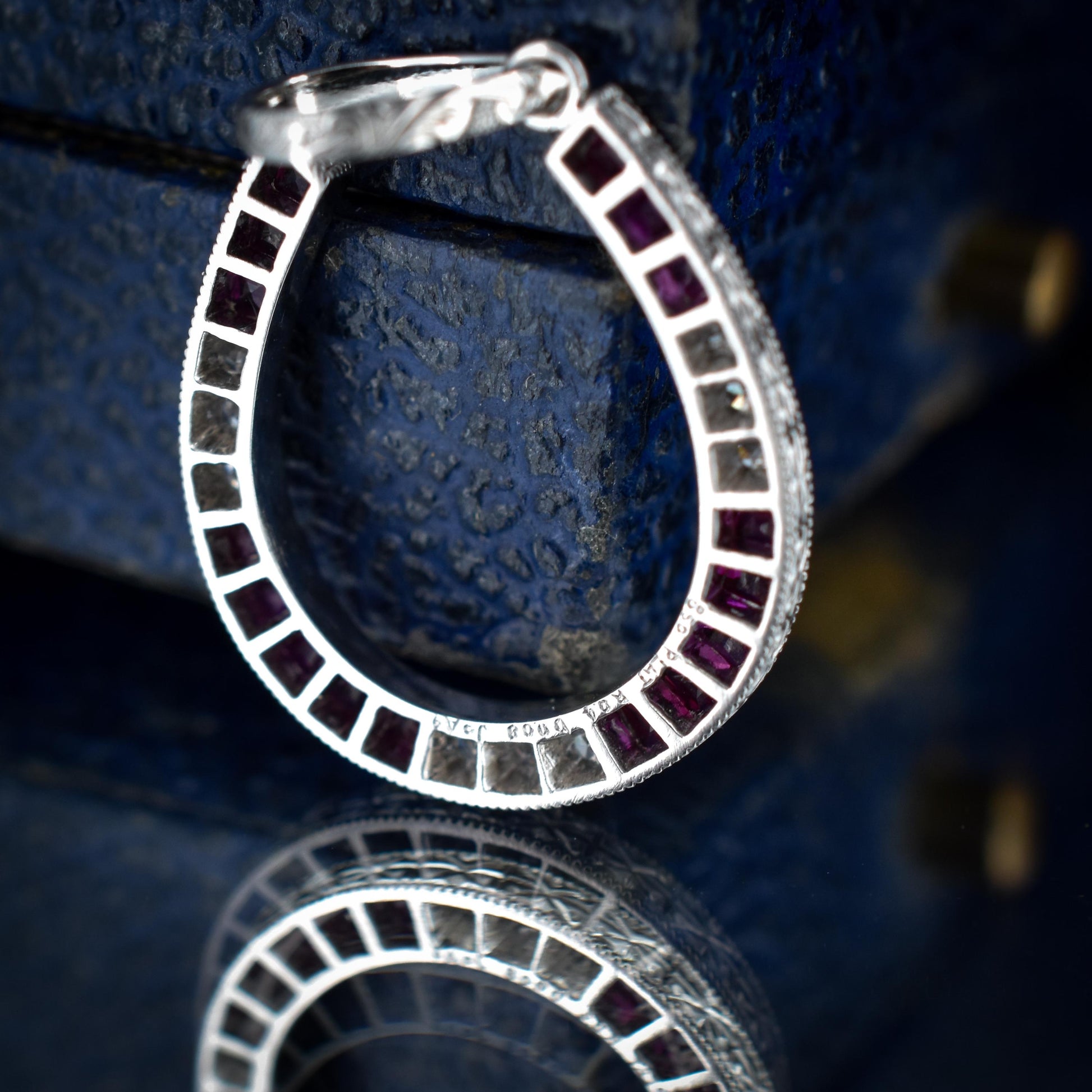 French Cut Ruby and Diamond Horseshoe Platinum Charm Pendant