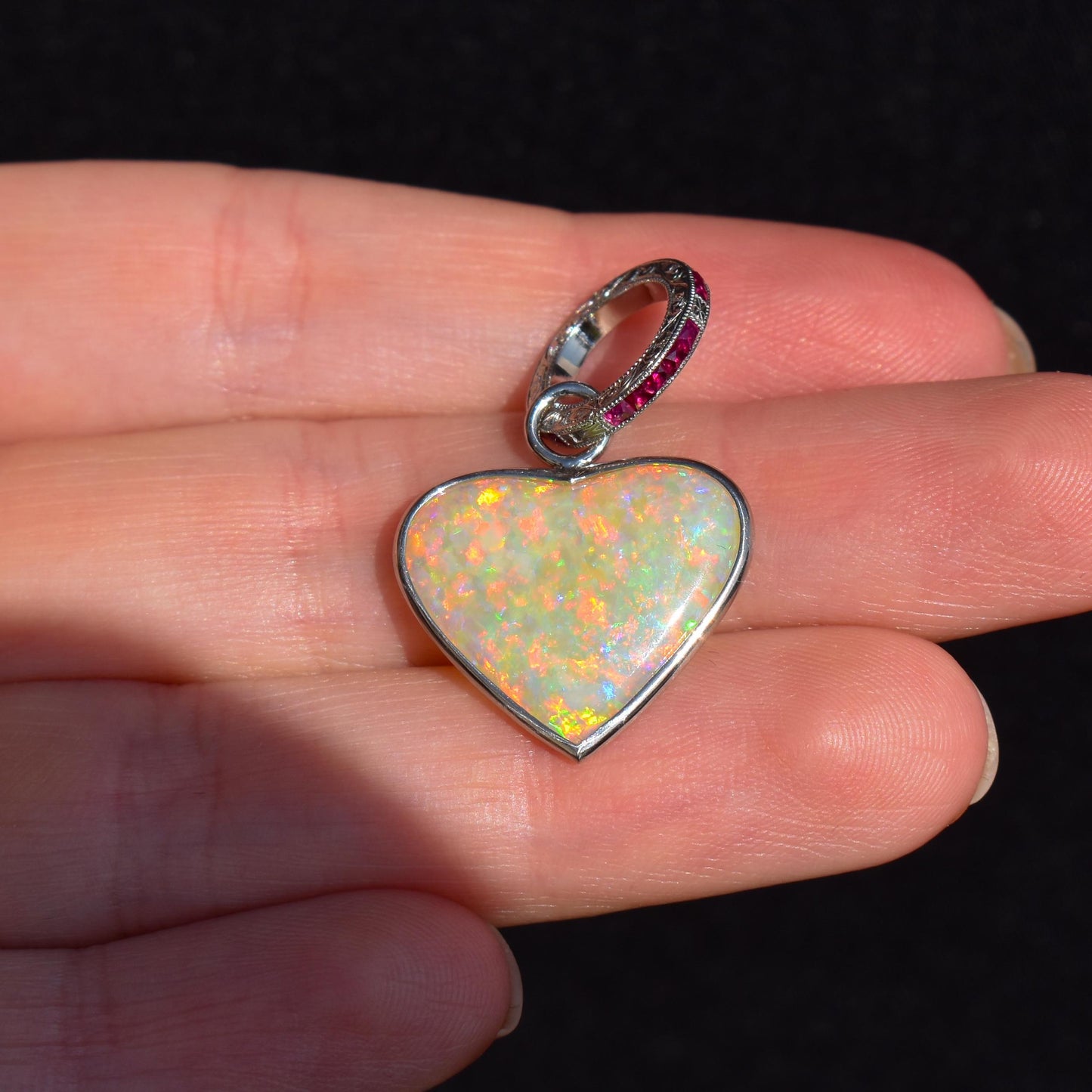 5.81ct Natural Solid Australian Opal Heart and Ruby Platinum Charm Pendant