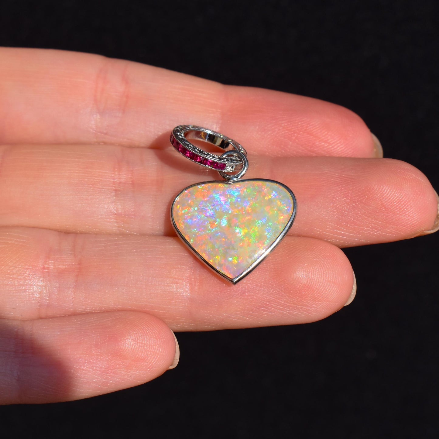 5.81ct Natural Solid Australian Opal Heart and Ruby Platinum Charm Pendant