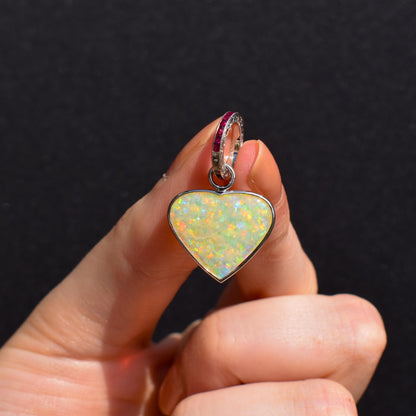 5.81ct Natural Solid Australian Opal Heart and Ruby Platinum Charm Pendant