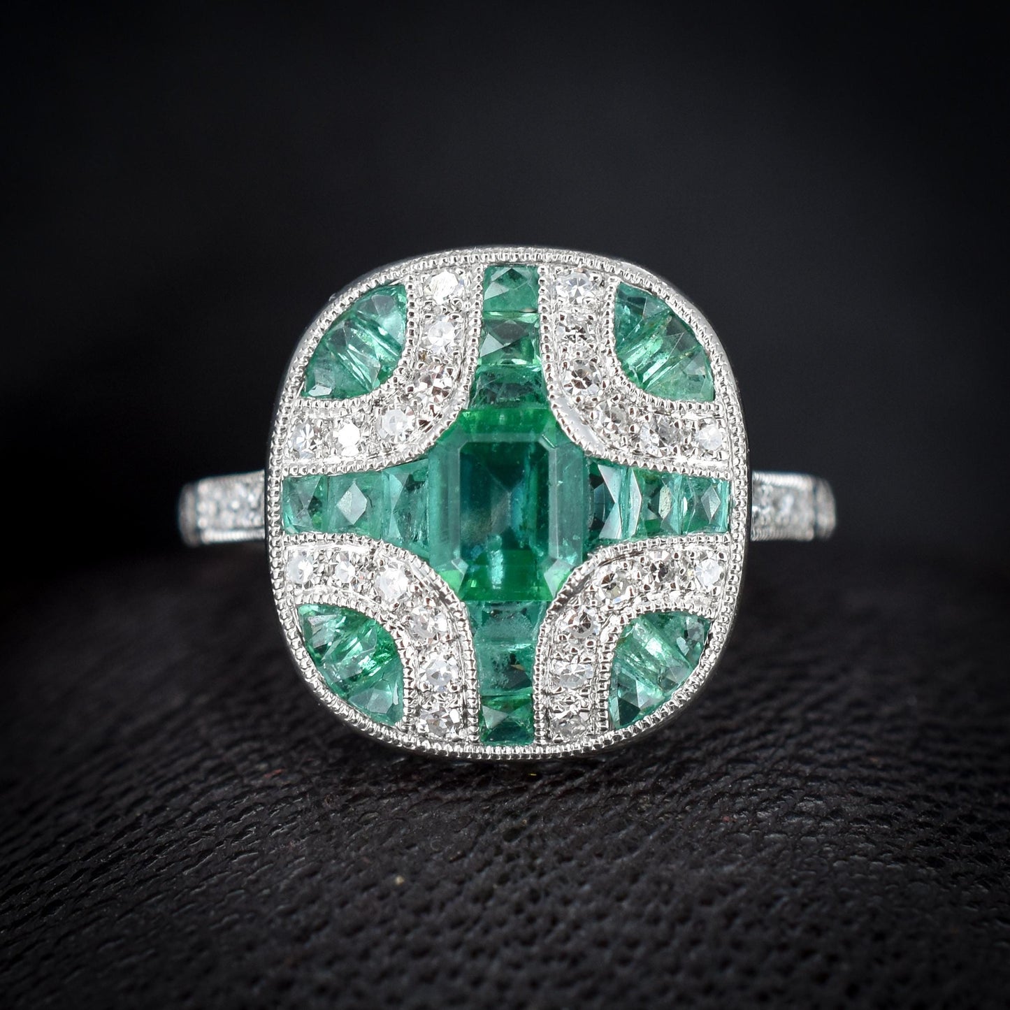 Art Deco Style Emerald and Diamond Platinum Cocktail Ring