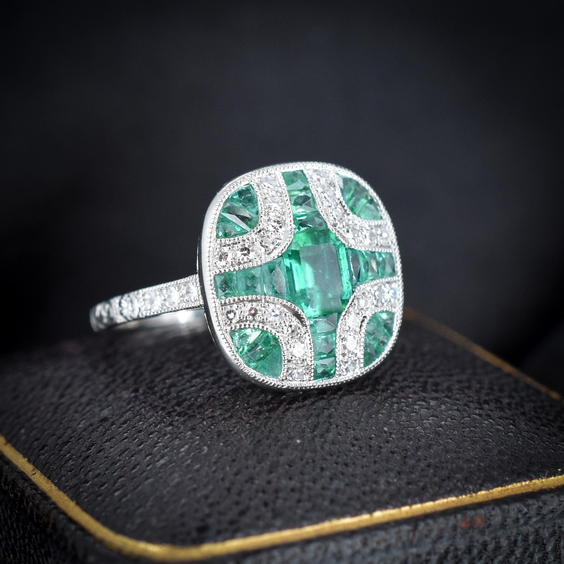 Art Deco Style Emerald and Diamond Platinum Cocktail Ring