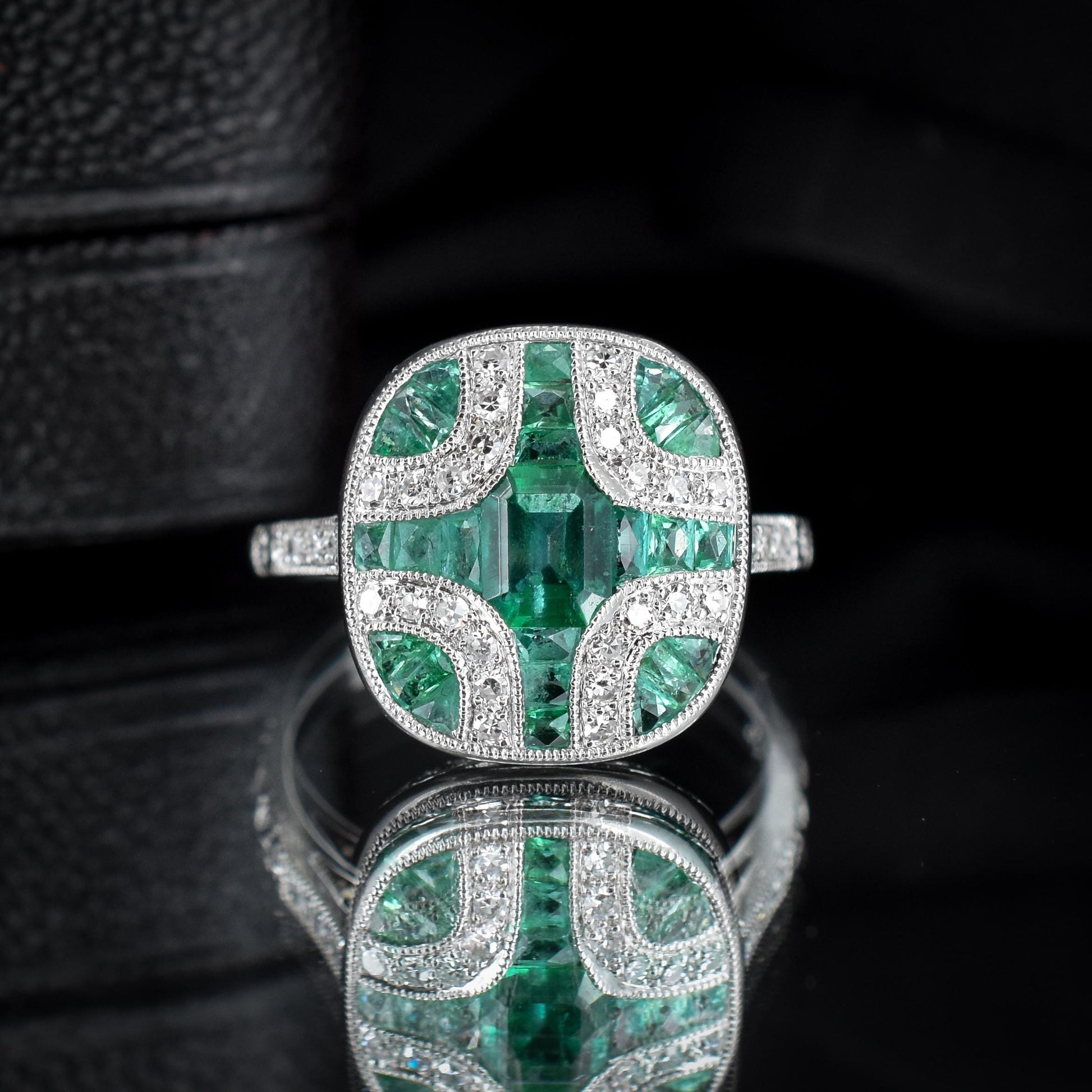 Art Deco Style Emerald and Diamond Platinum Cocktail Ring