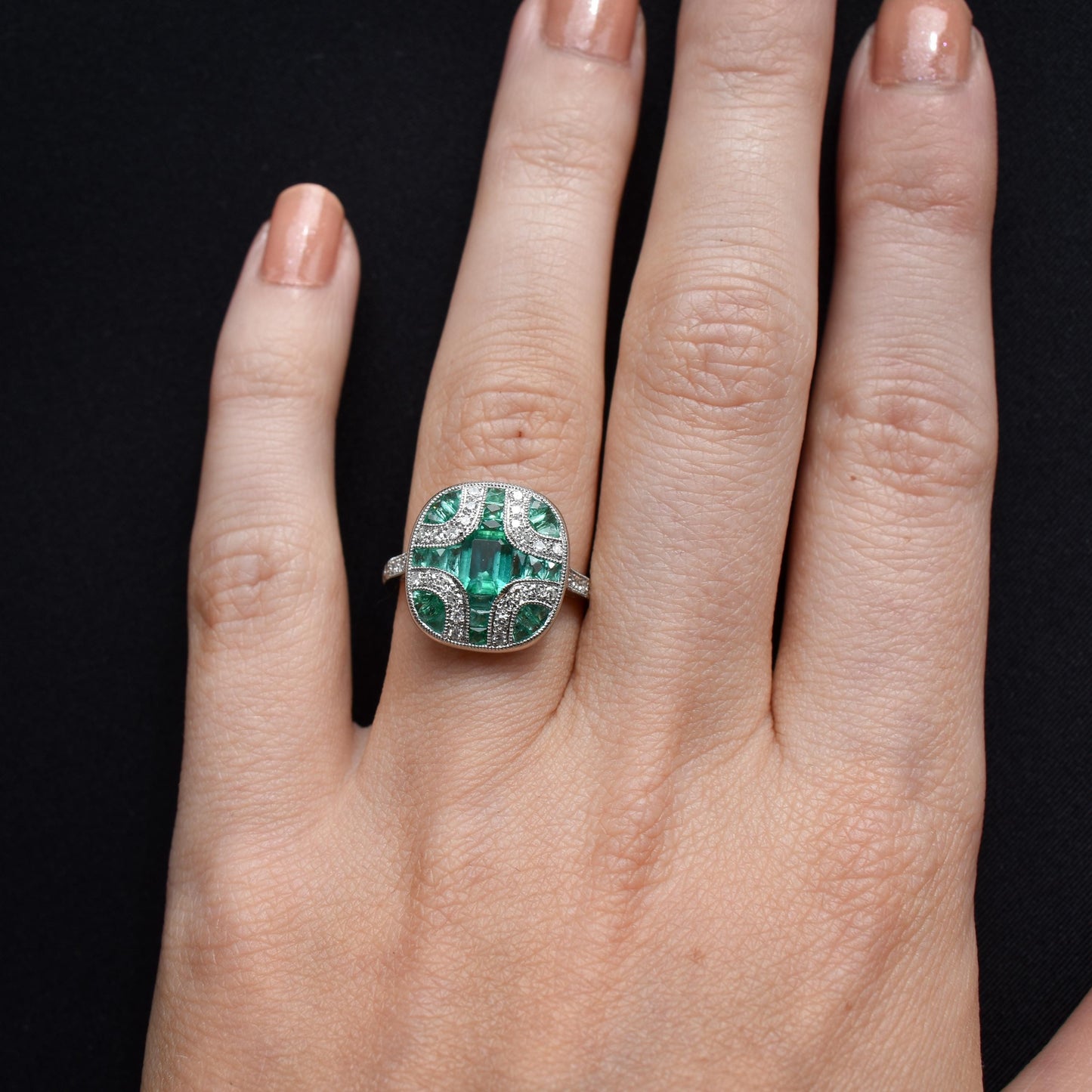 Art Deco Style Emerald and Diamond Platinum Cocktail Ring