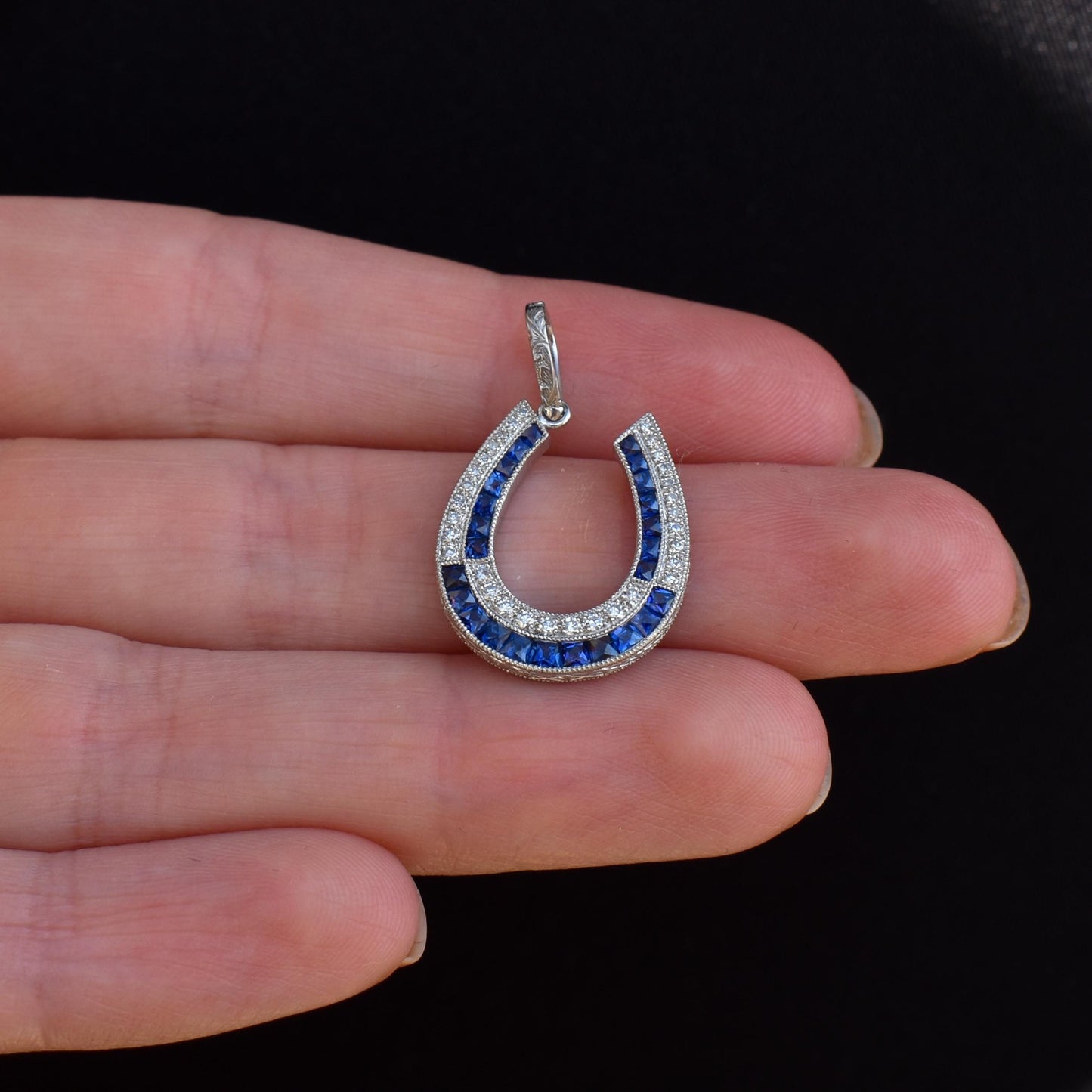 Blue Sapphire and Diamond Double Row Horseshoe Platinum Charm Pendant