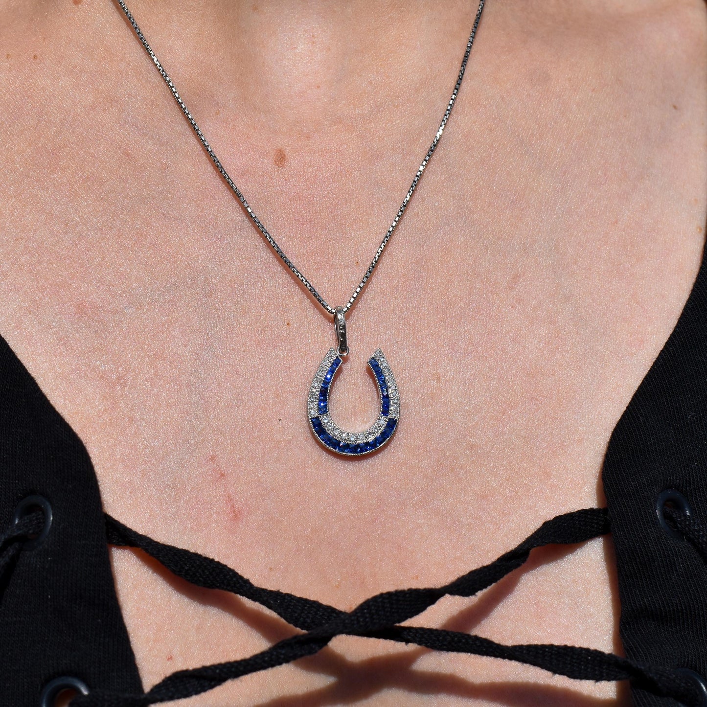 Blue Sapphire and Diamond Double Row Horseshoe Platinum Charm Pendant