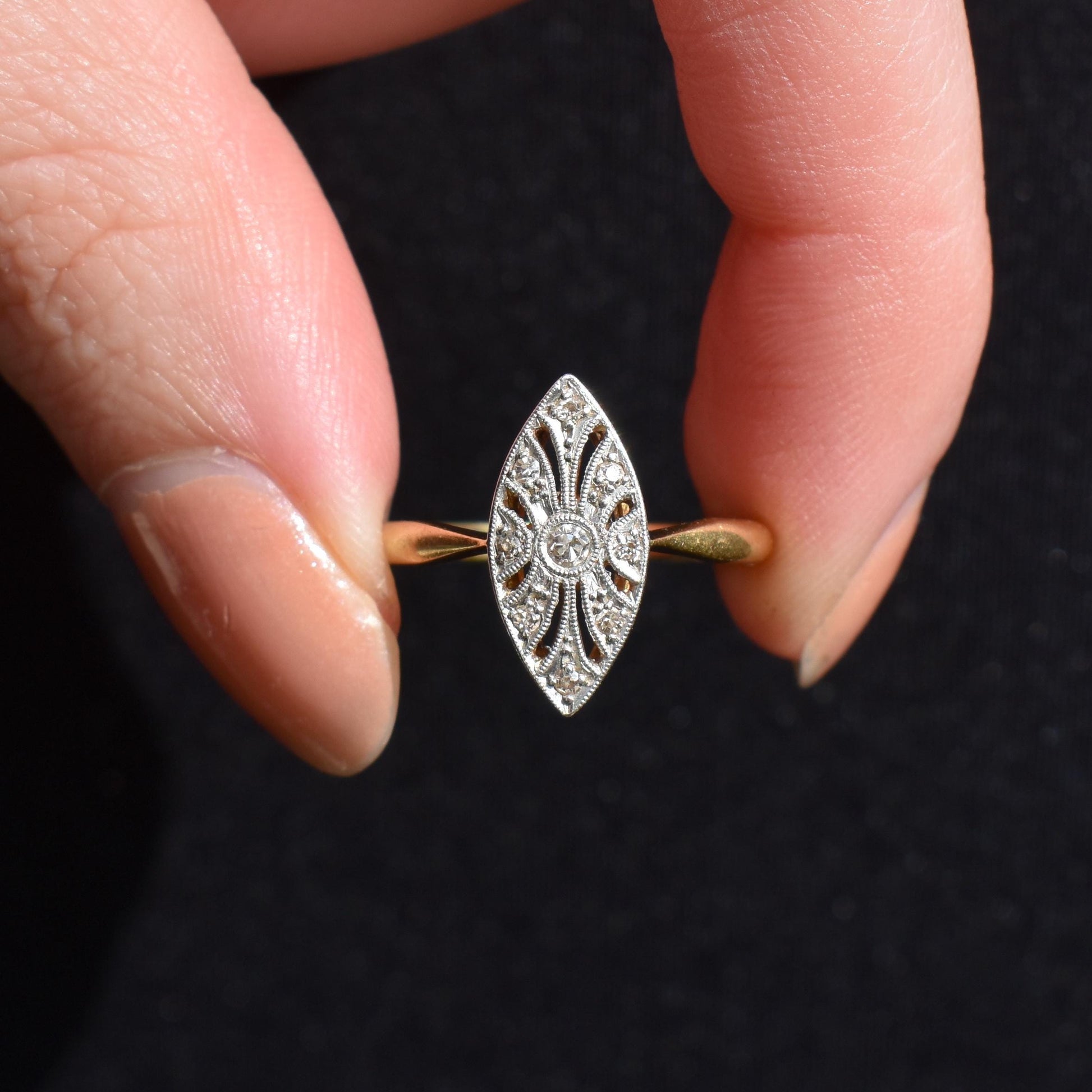 Art Deco Diamond Navette 18ct Gold and Platinum Ring | Antique