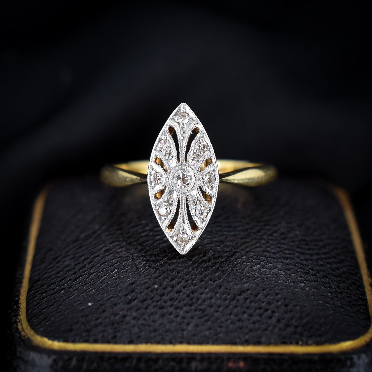 Art Deco Diamond Navette 18ct Gold and Platinum Ring | Antique