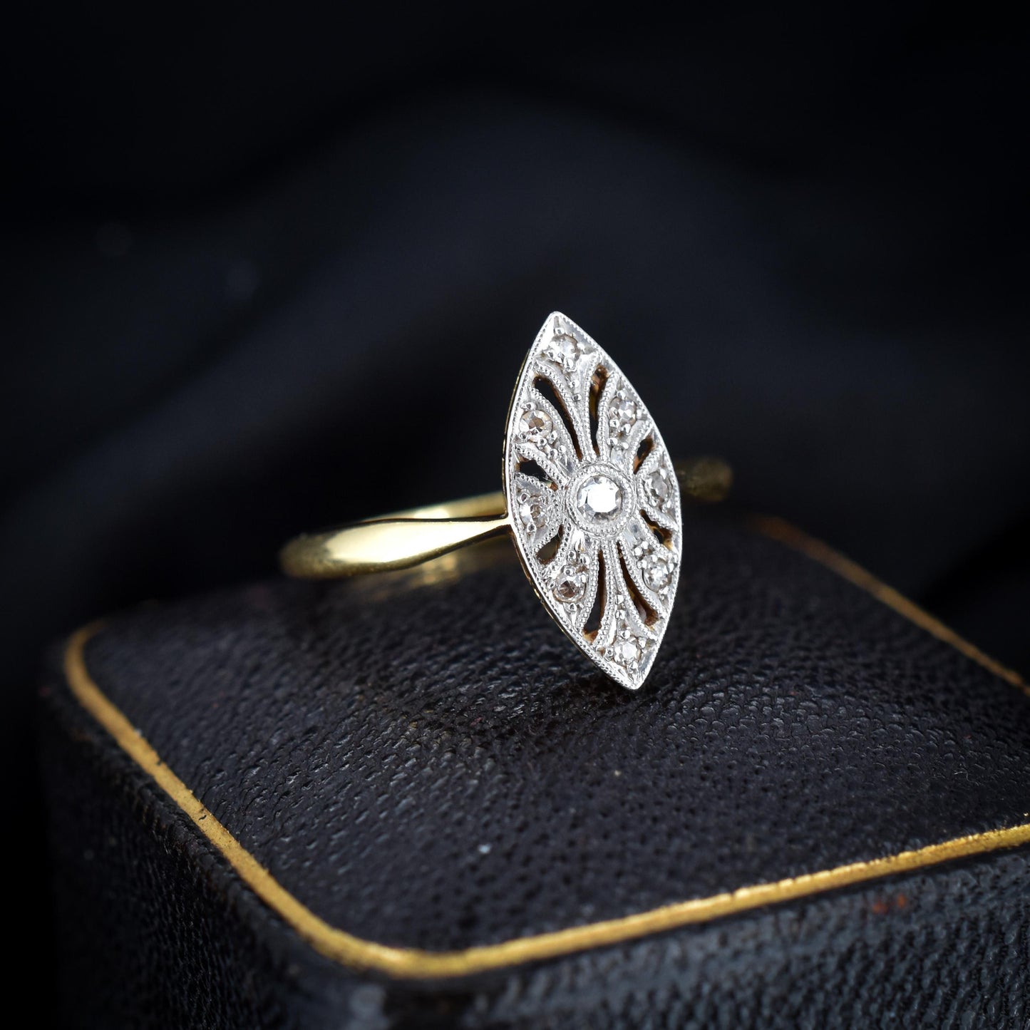 Art Deco Diamond Navette 18ct Gold and Platinum Ring | Antique