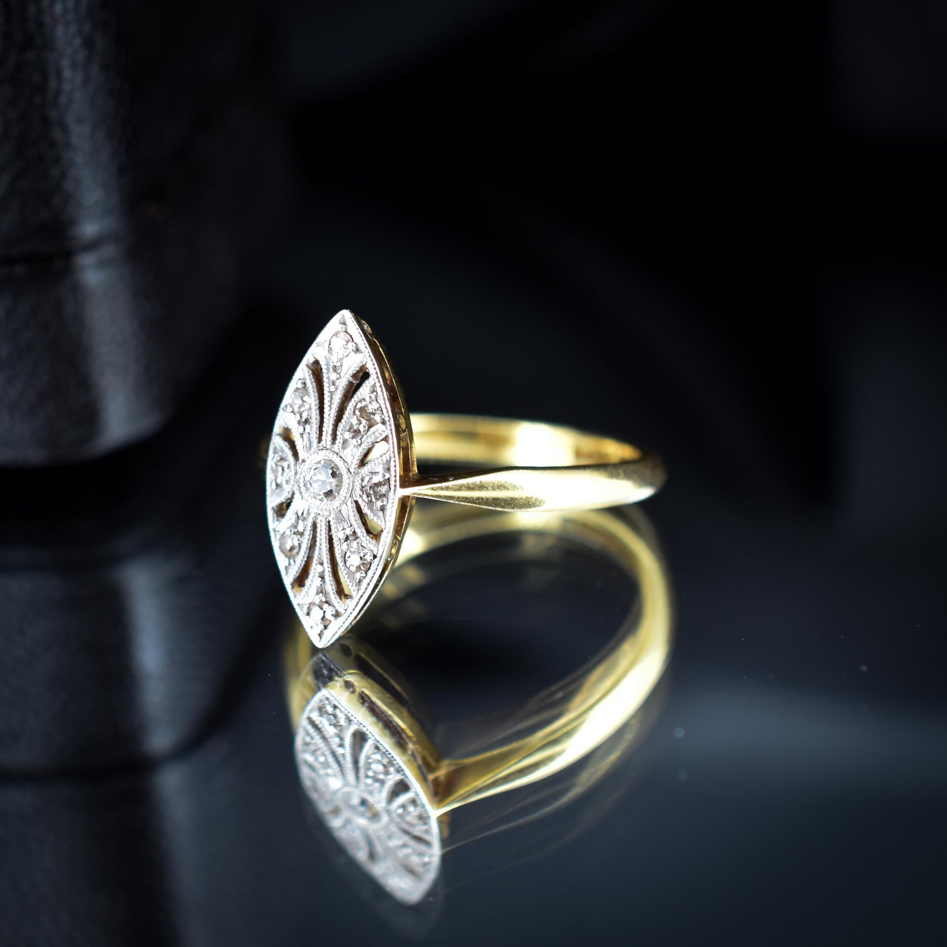 Art Deco Diamond Navette 18ct Gold and Platinum Ring | Antique