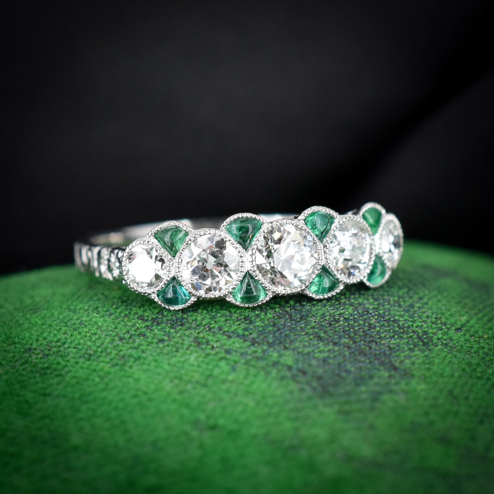 Old Cut Diamond and Emerald Five Stone Platinum Ring - 0.83ct total