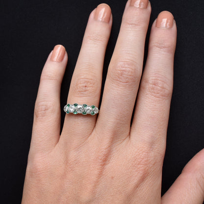 Old Cut Diamond and Emerald Five Stone Platinum Ring - 0.83ct total