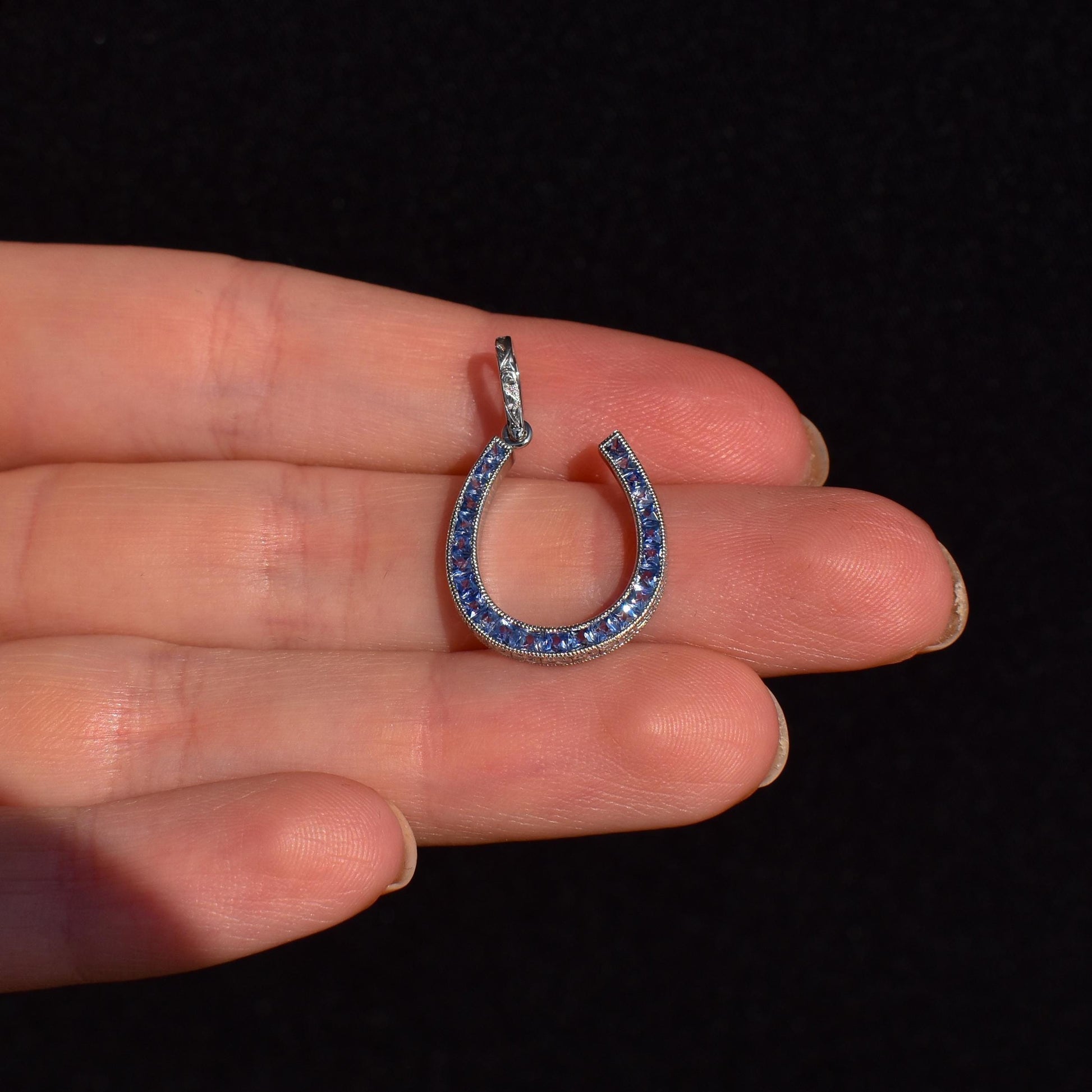 French Cut Ceylon Sapphire Horseshoe Platinum Charm Pendant - 0.70ct