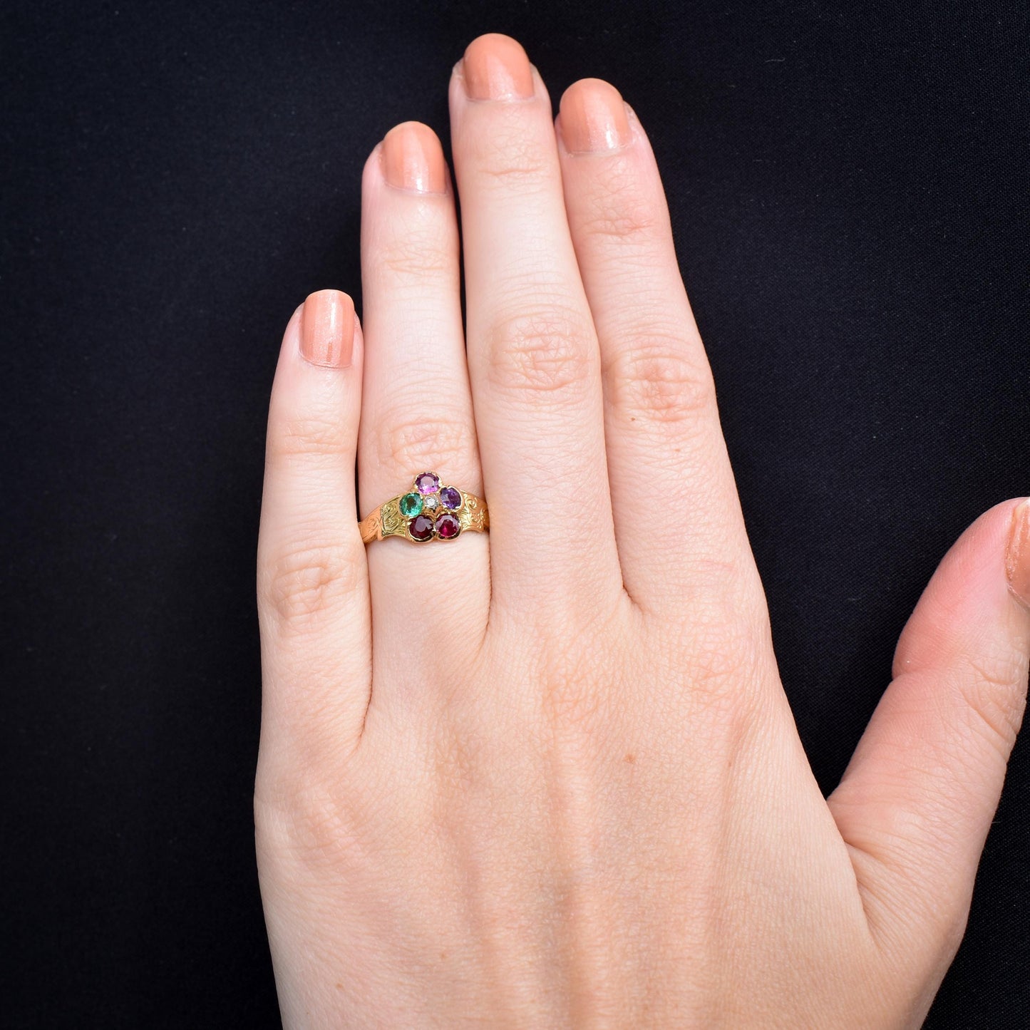 Antique Victorian REGARD Acrostic Multi Gemstone Cluster 18ct 18K Yellow Gold Ring | Circa. 1870