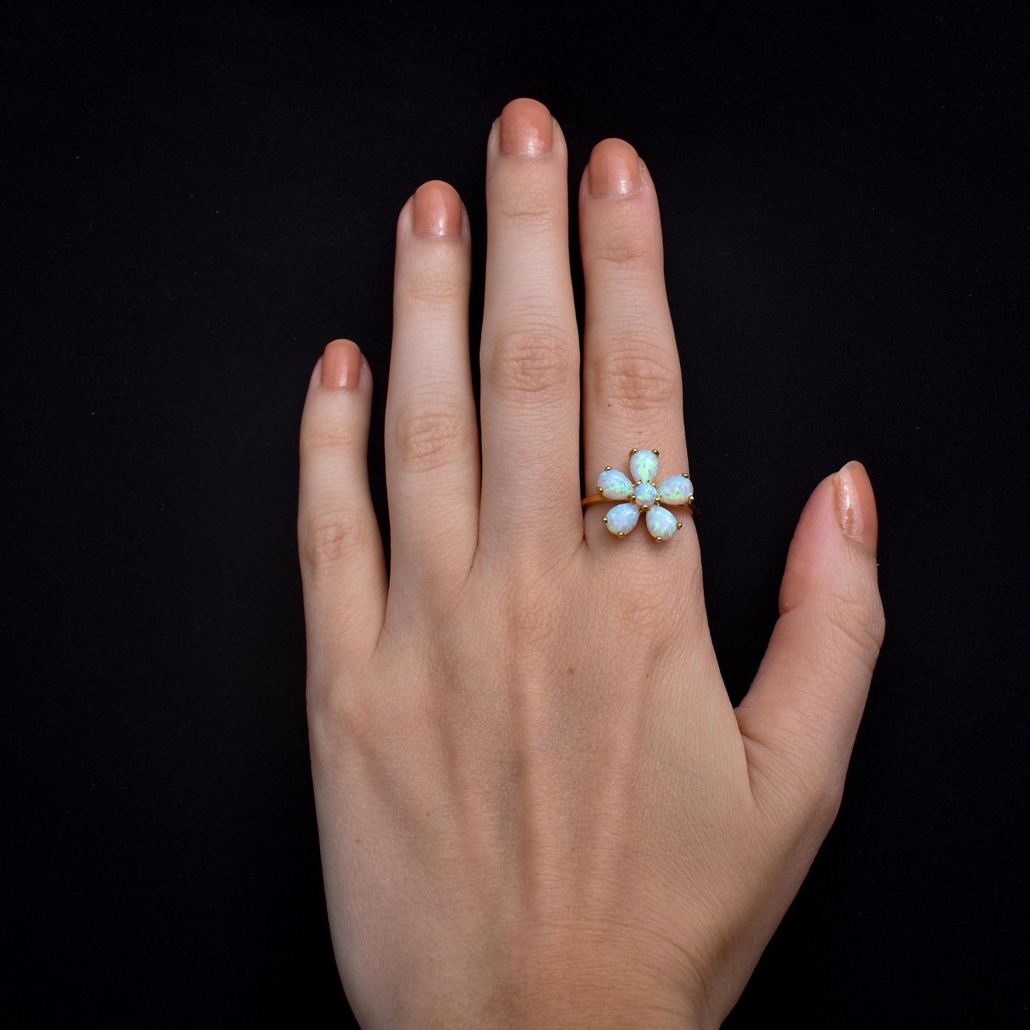 Opal Pansy Flower Cluster Statement 18ct Yellow Gold on Silver Ring