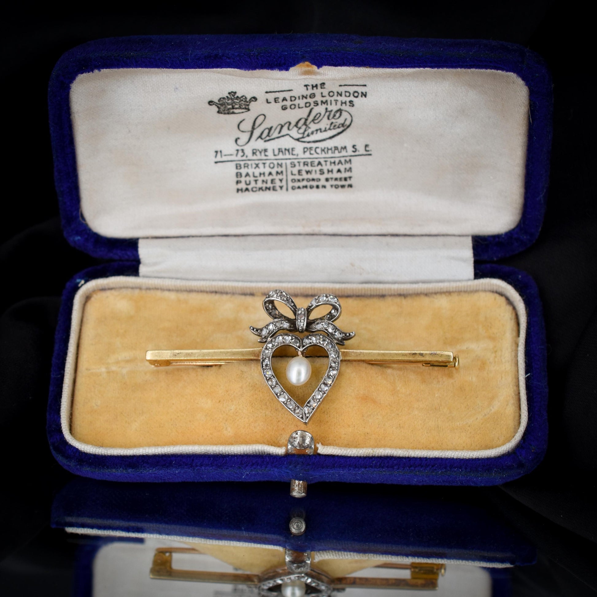 Antique 15ct Gold Diamond Heart Pearl Gold Bar Brooch Pin - Boxed