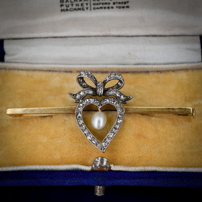 Antique 15ct Gold Diamond Heart Pearl Gold Bar Brooch Pin - Boxed