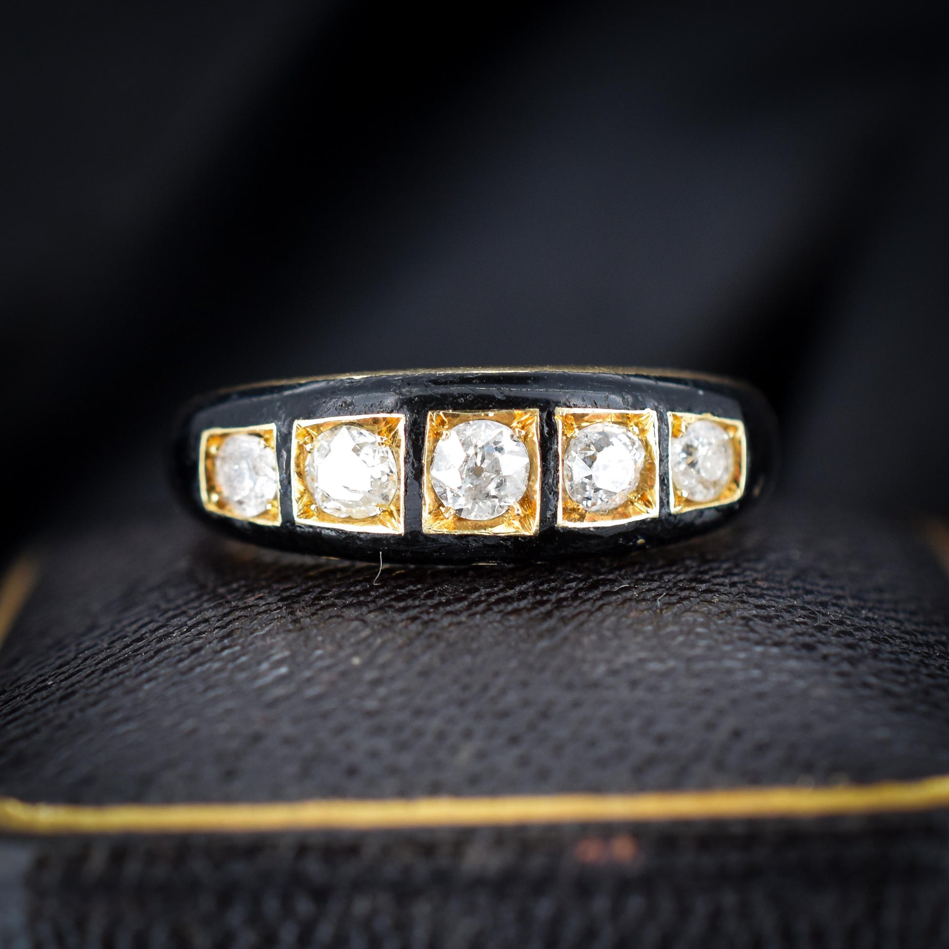 Antique Victorian Black Enamel Diamond Five Stone 18ct Yellow Gold Mourning Ring - Dated 1856