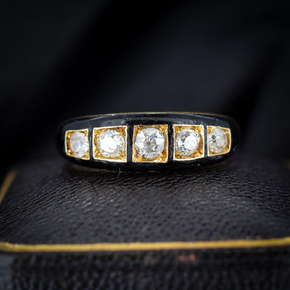 Antique Victorian Black Enamel Diamond Five Stone 18ct Yellow Gold Mourning Ring - Dated 1856