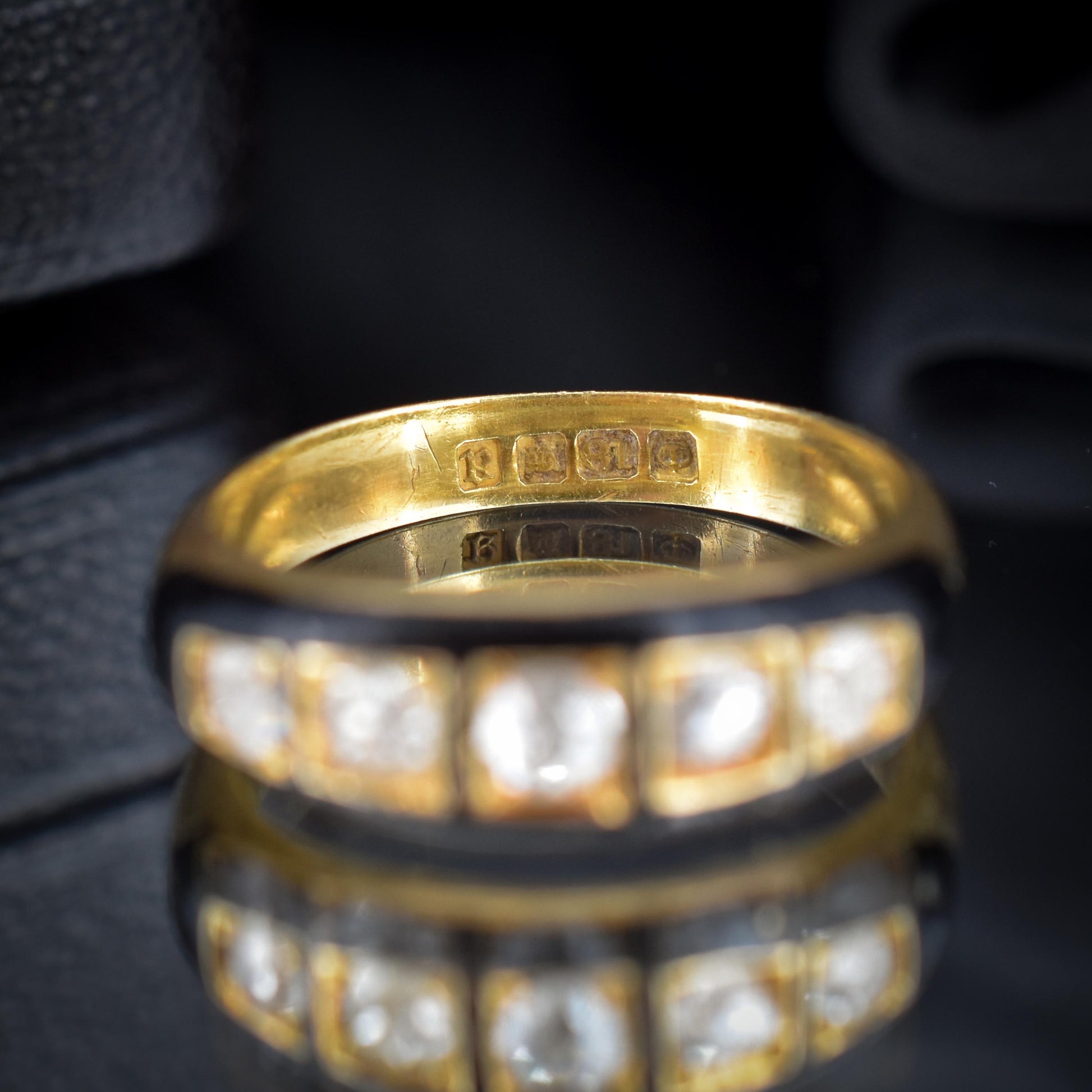 Antique Victorian Black Enamel Diamond Five Stone 18ct Yellow Gold Mourning Ring - Dated 1856