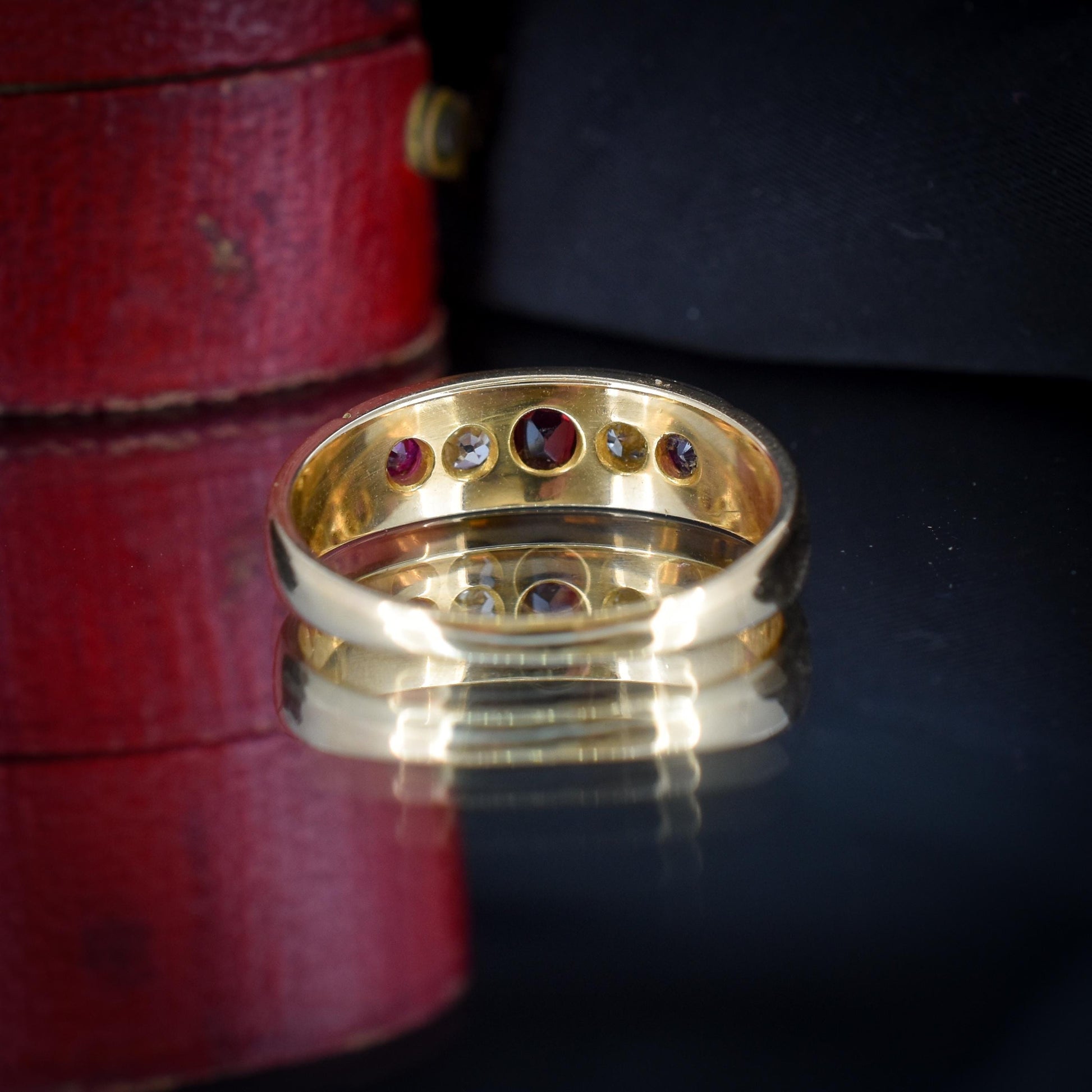 Antique Ruby Garnet and Diamond 18ct Gold Band Ring