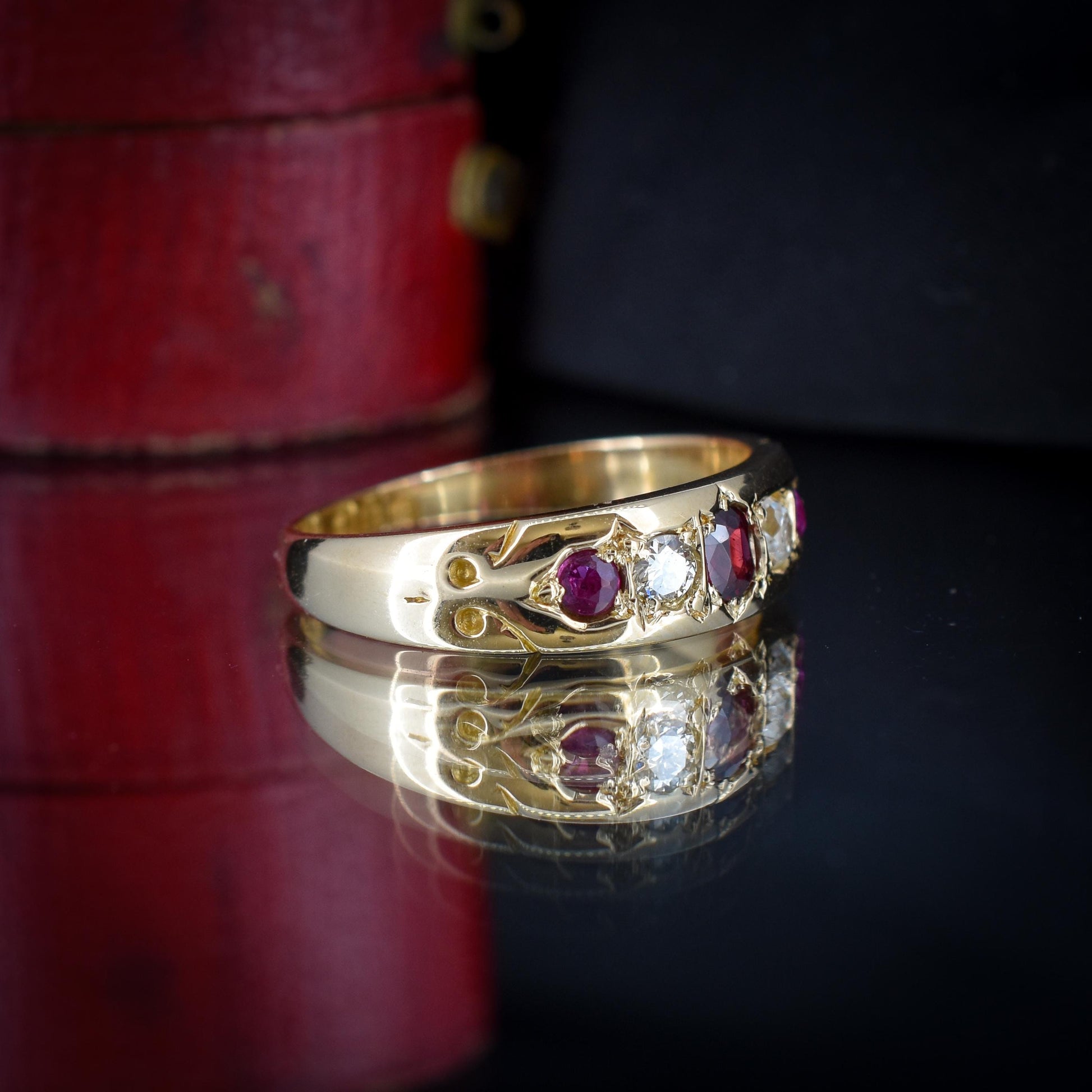 Antique Ruby Garnet and Diamond 18ct Gold Band Ring