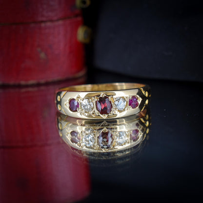 Antique Ruby Garnet and Diamond 18ct Gold Band Ring