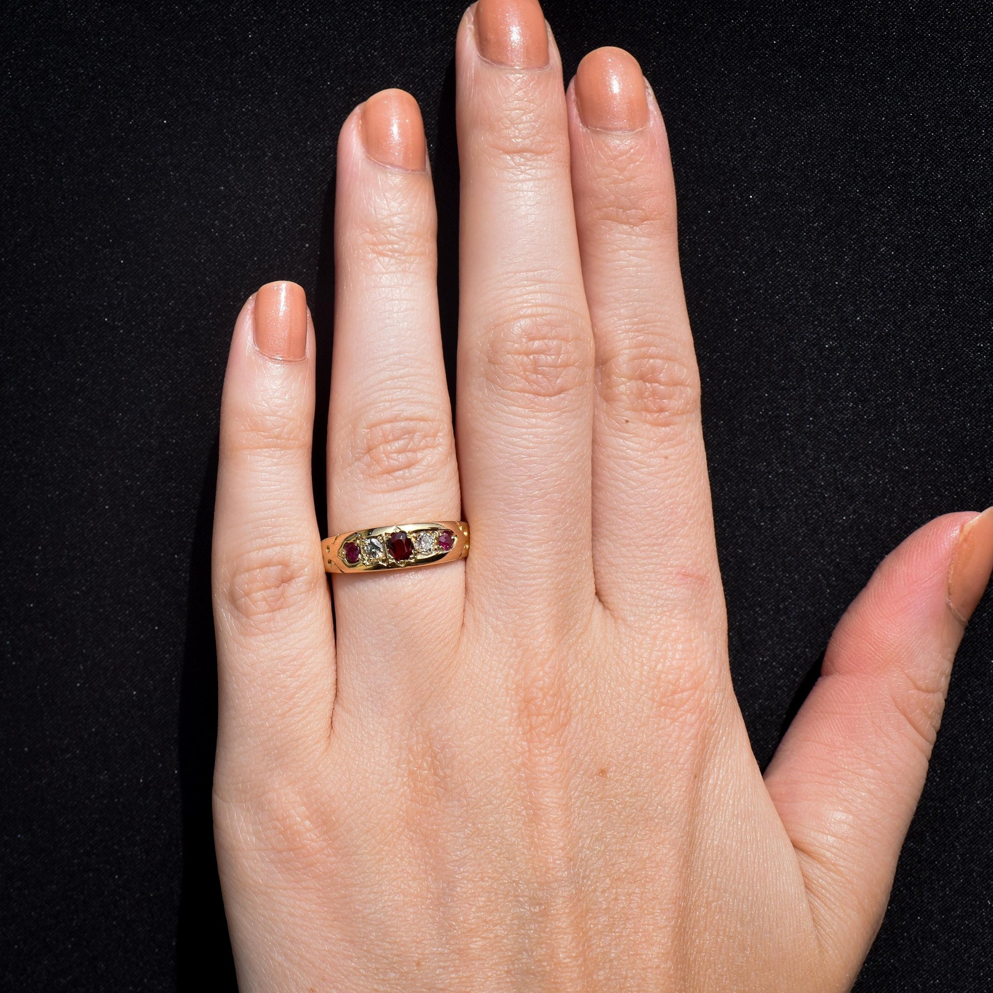 Antique Ruby Garnet and Diamond 18ct Gold Band Ring