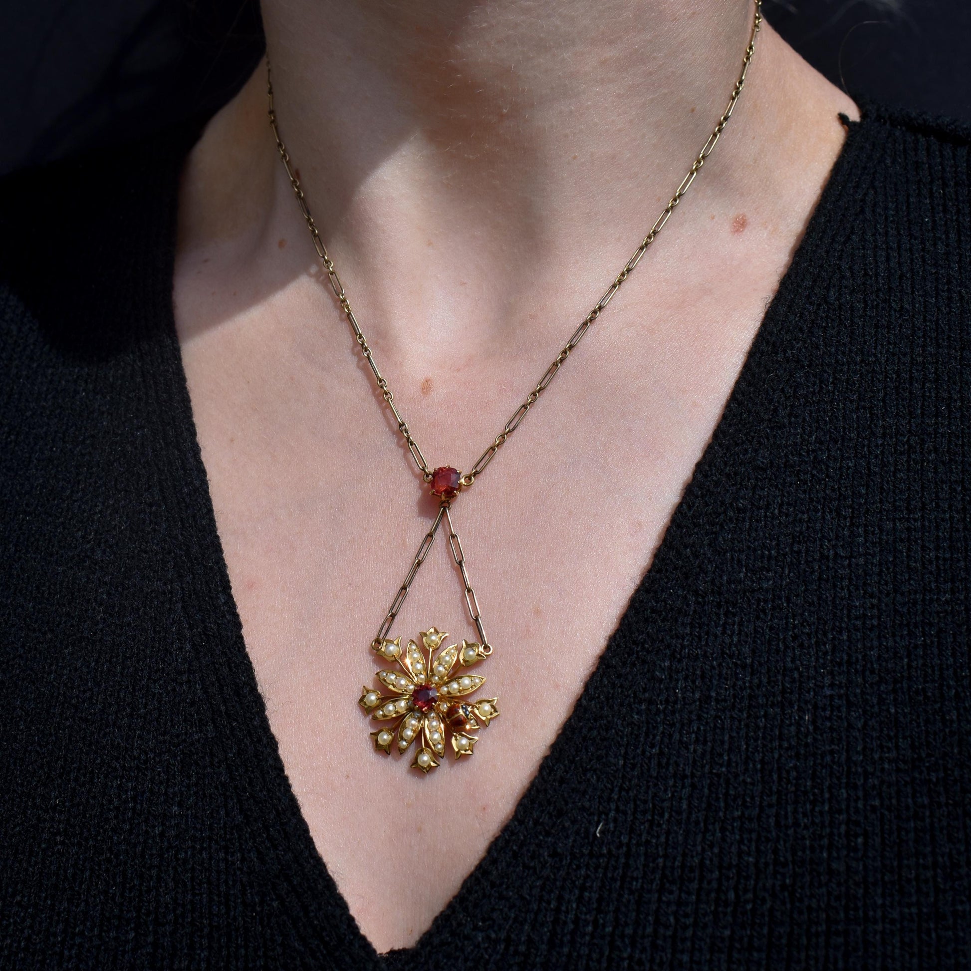 Antique Ladybug Pearl Spinel and Garnet Enamel Flower Pendant 15ct Gold Necklace