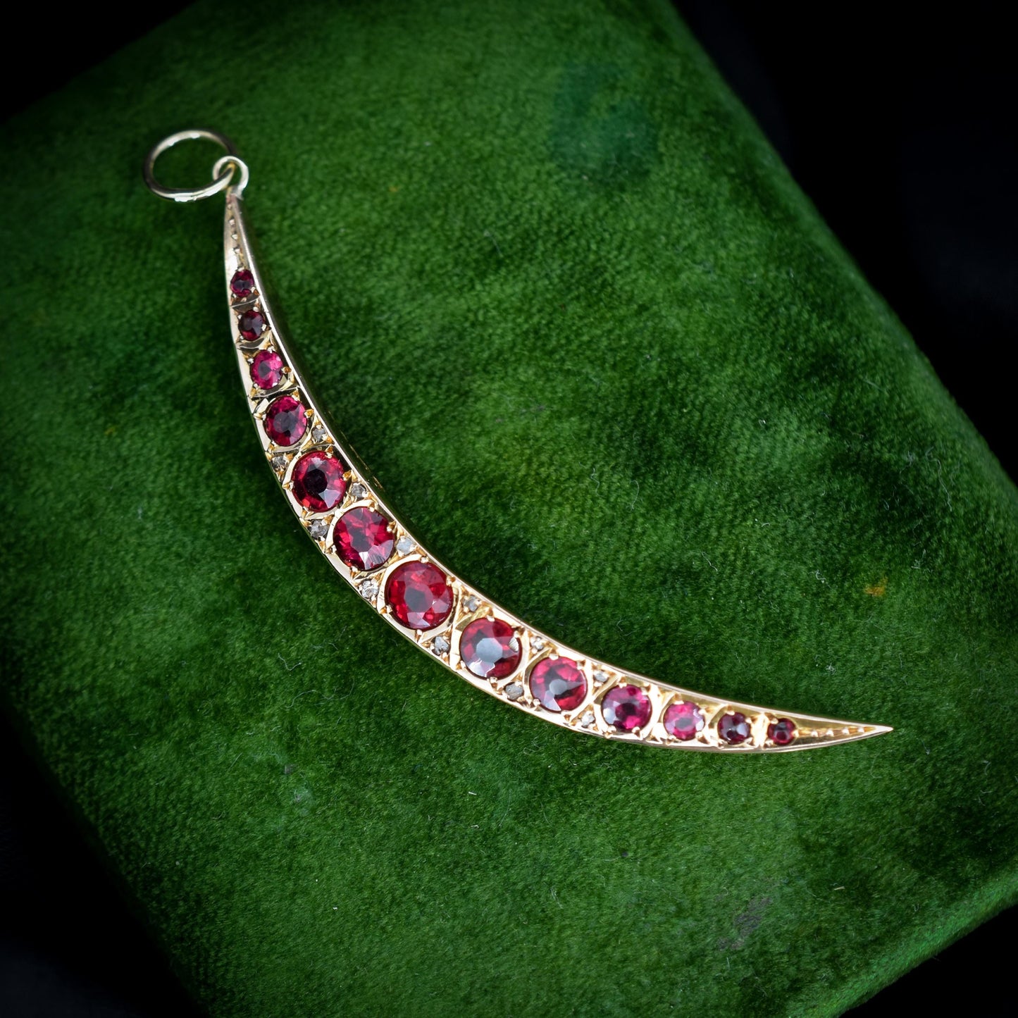 Antique Ruby Paste and Diamond 9ct Gold Crescent Moon Celestial Pendant