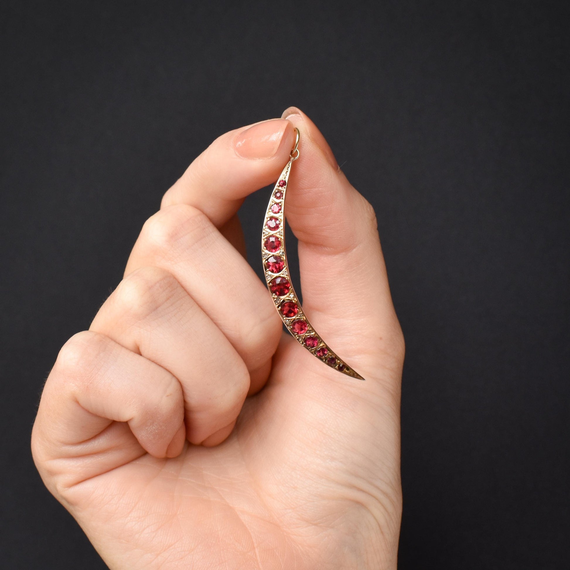 Antique Ruby Paste and Diamond 9ct Gold Crescent Moon Celestial Pendant