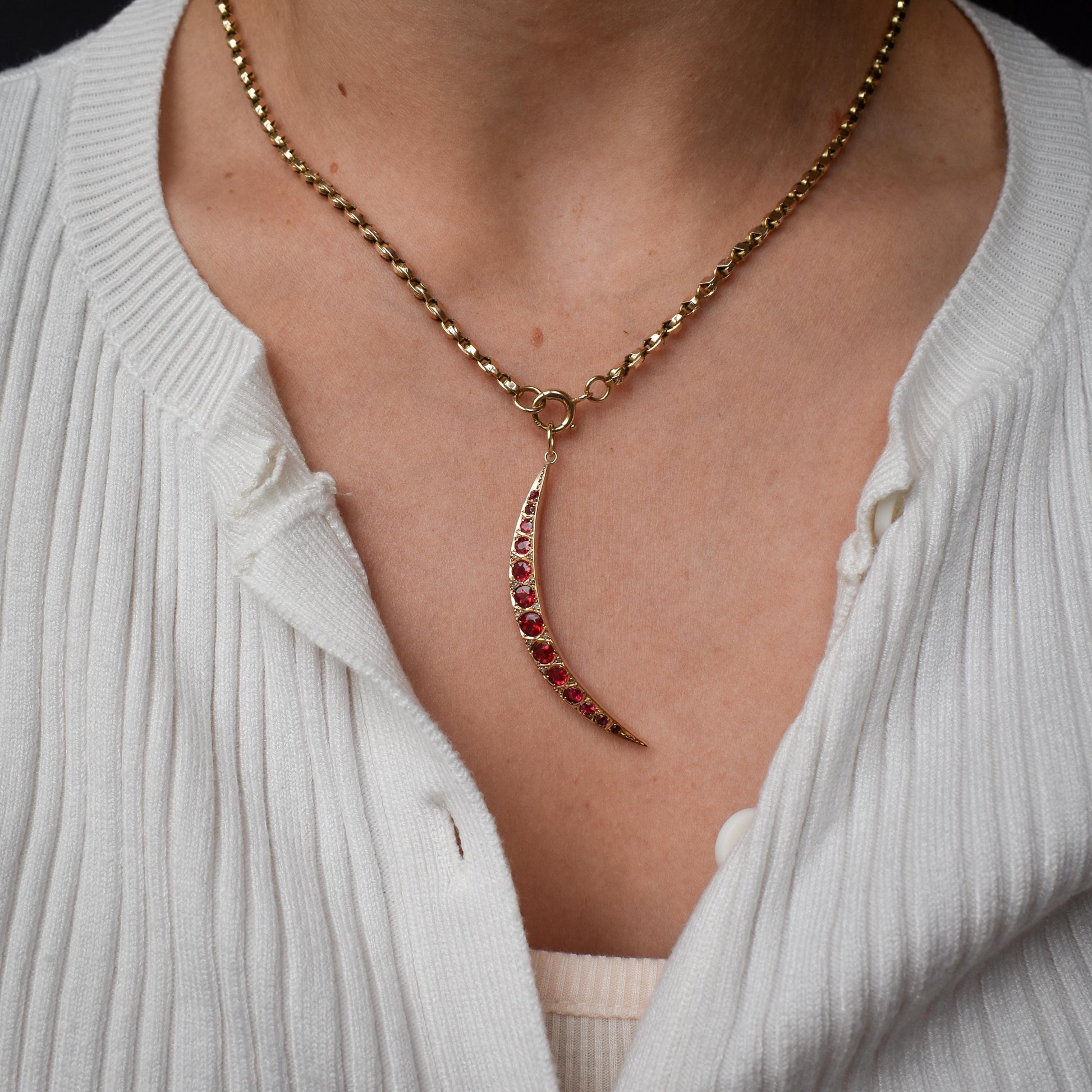 Antique Ruby Paste and Diamond 9ct Gold Crescent Moon Celestial Pendant