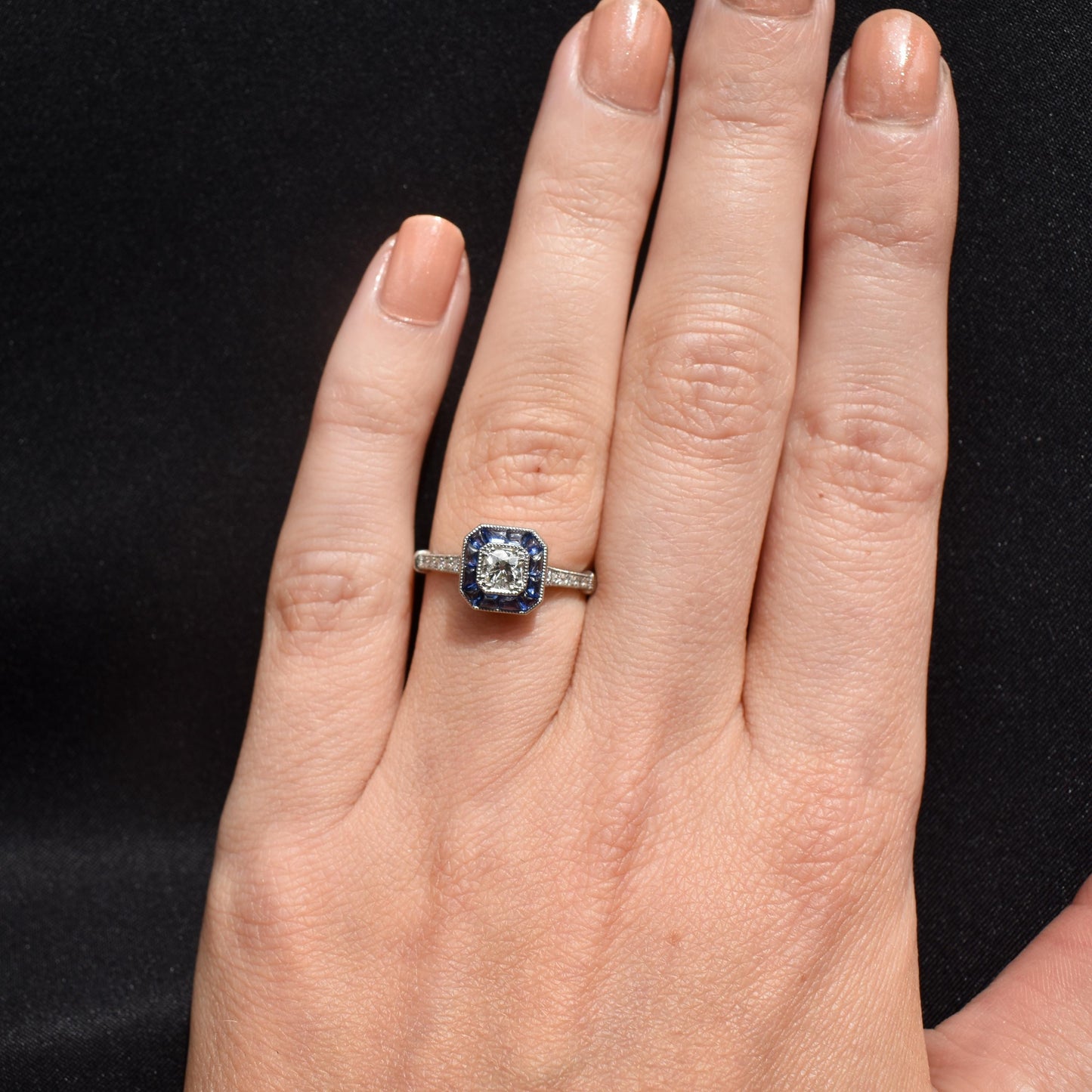 Sapphire and Old Cut Diamond Cluster Halo Platinum Ring | Engagement | Art Deco Style