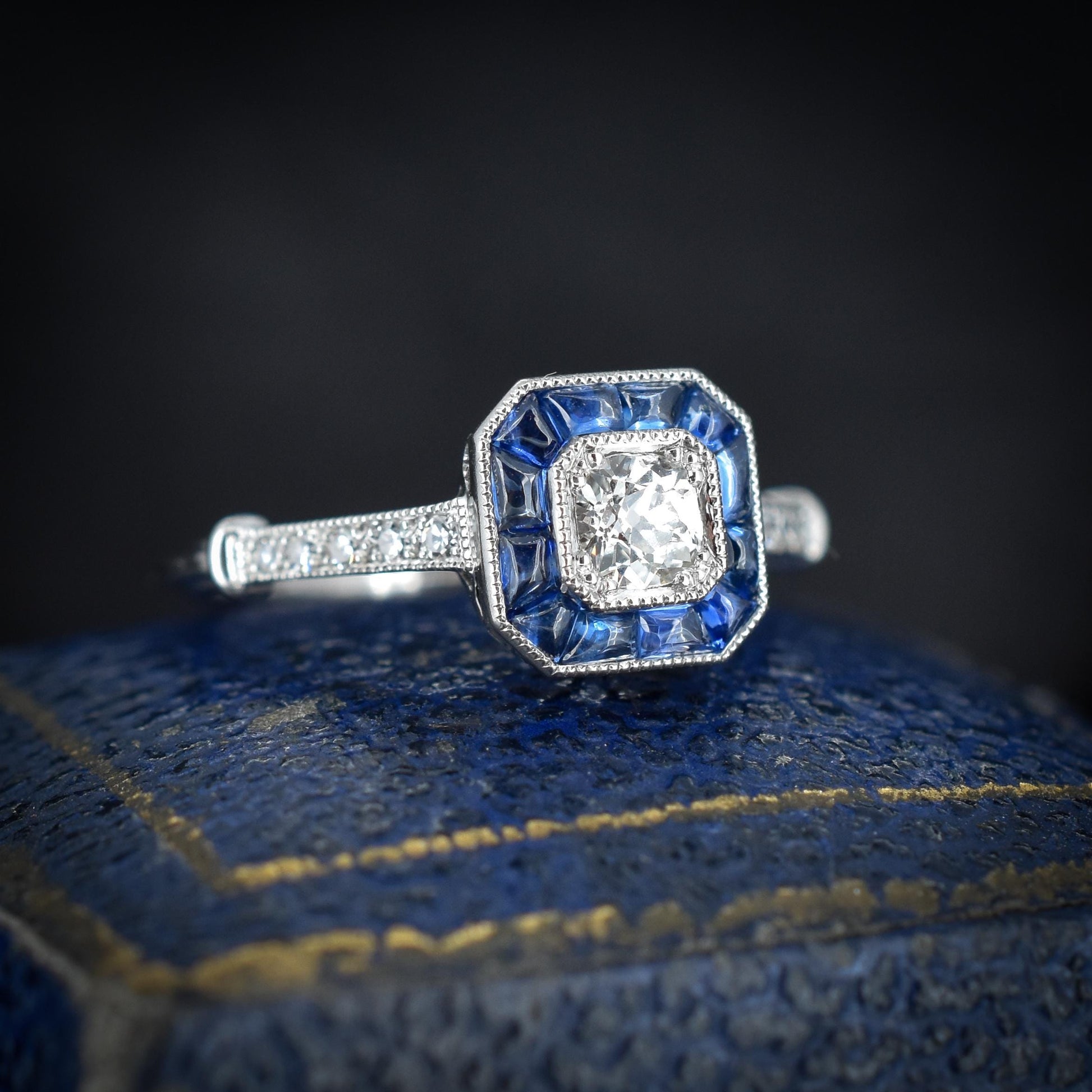 Sapphire and Old Cut Diamond Cluster Halo Platinum Ring | Engagement | Art Deco Style