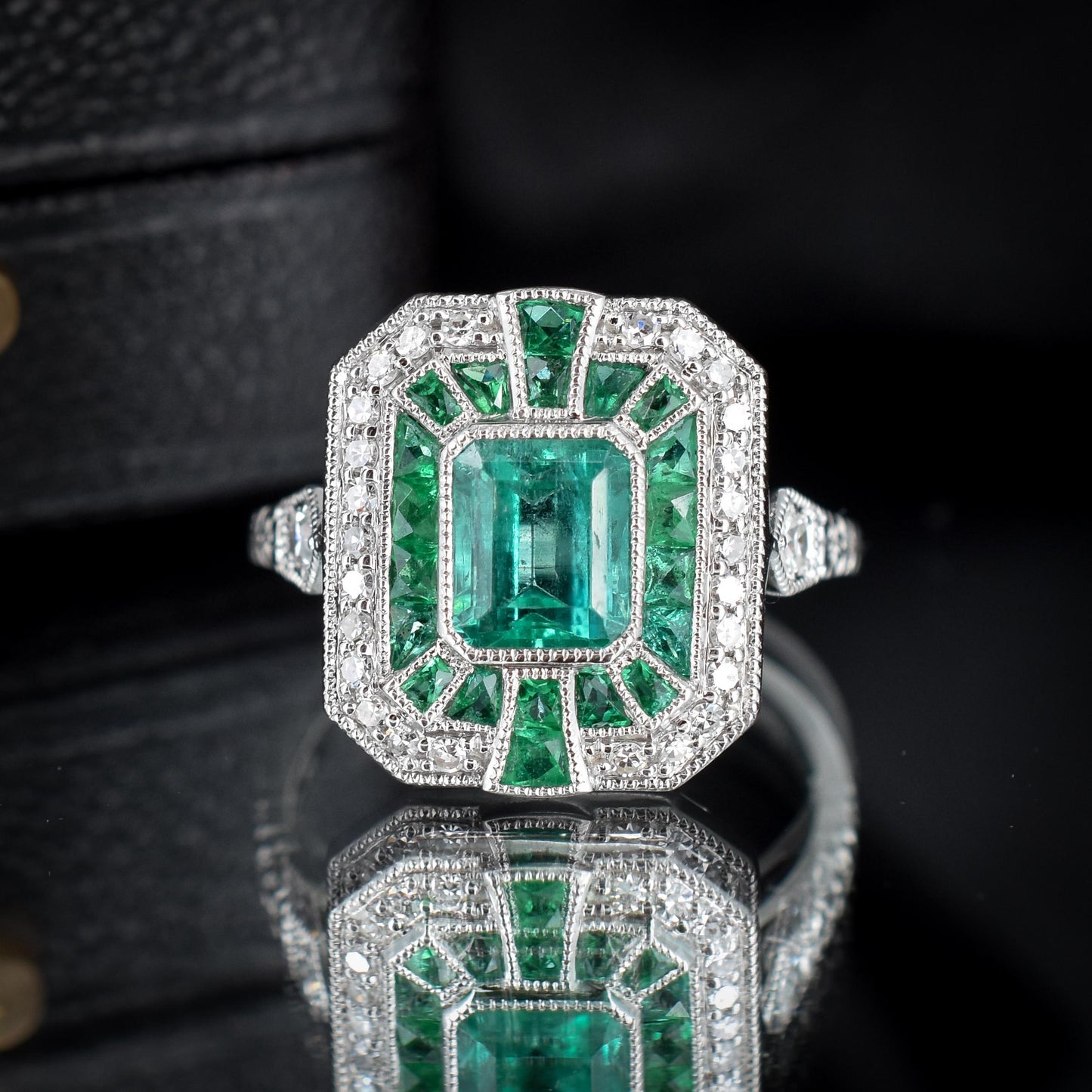 Art Deco Style Natural Colombian Emerald and Diamond Platinum Cocktail Ring | Certified