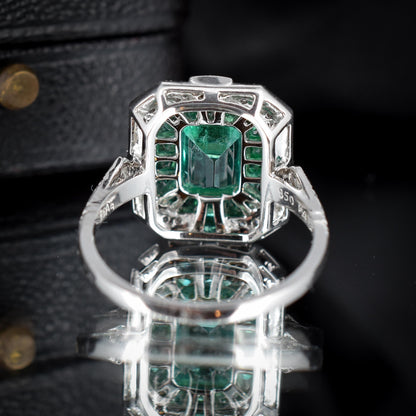 Art Deco Style Natural Colombian Emerald and Diamond Platinum Cocktail Ring | Certified