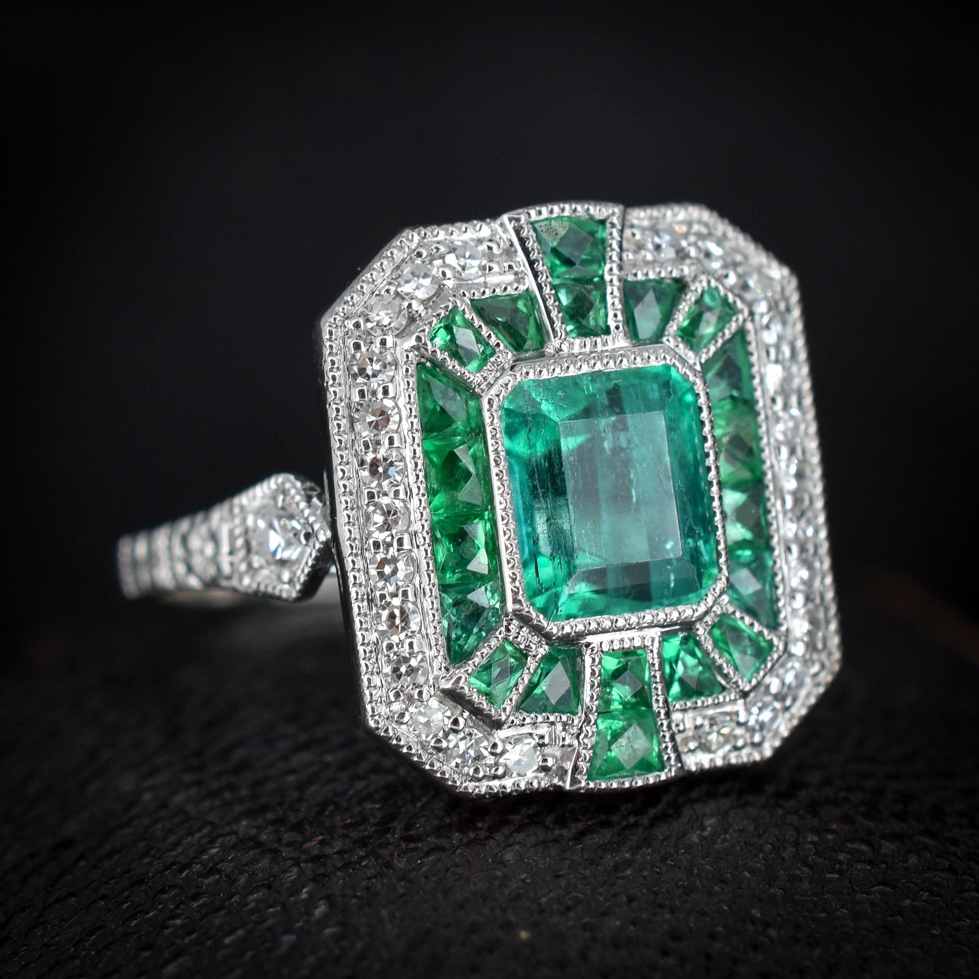 Art Deco Style Natural Colombian Emerald and Diamond Platinum Cocktail Ring | Certified