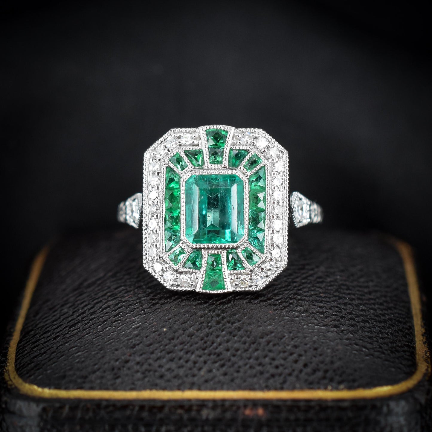 Art Deco Style Natural Colombian Emerald and Diamond Platinum Cocktail Ring | Certified