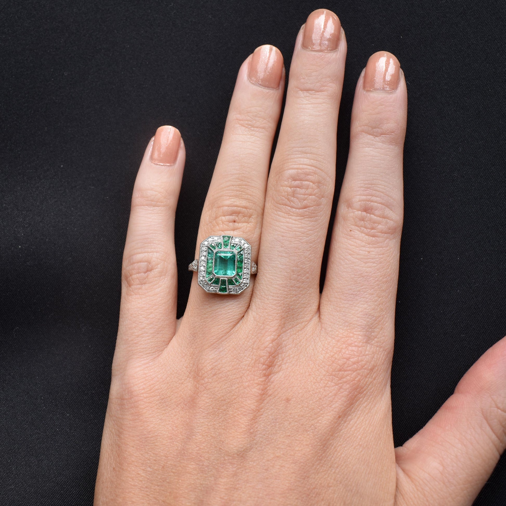 Art Deco Style Natural Colombian Emerald and Diamond Platinum Cocktail Ring | Certified