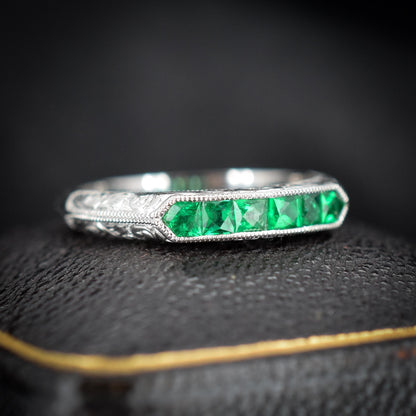 Art Deco Style Colombian Emerald Platinum Stacking Engraved Band Ring