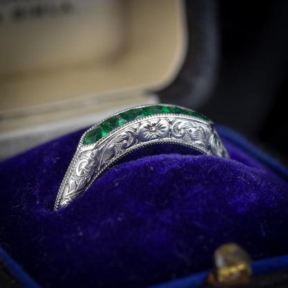 Art Deco Style Colombian Emerald Platinum Stacking Engraved Band Ring