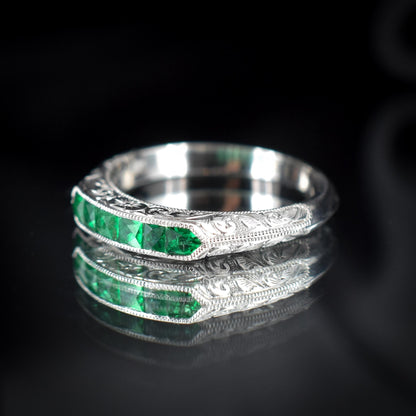 Art Deco Style Colombian Emerald Platinum Stacking Engraved Band Ring