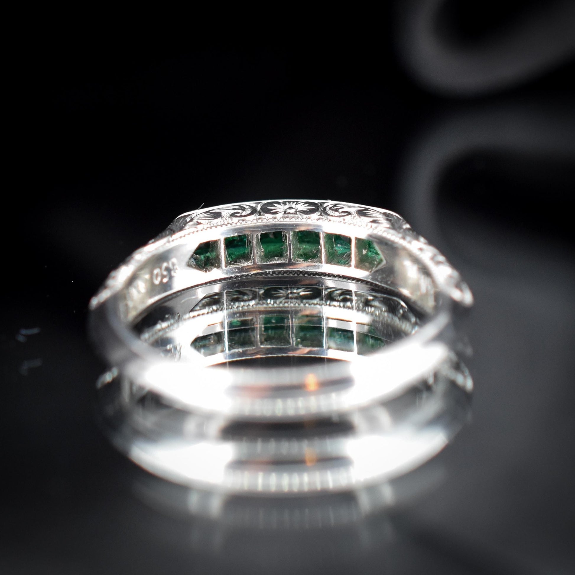 Art Deco Style Colombian Emerald Platinum Stacking Engraved Band Ring