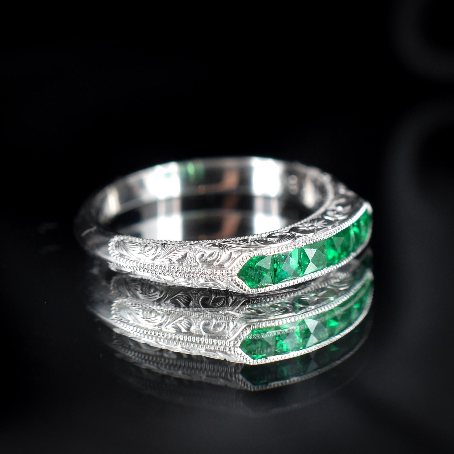 Art Deco Style Colombian Emerald Platinum Stacking Engraved Band Ring