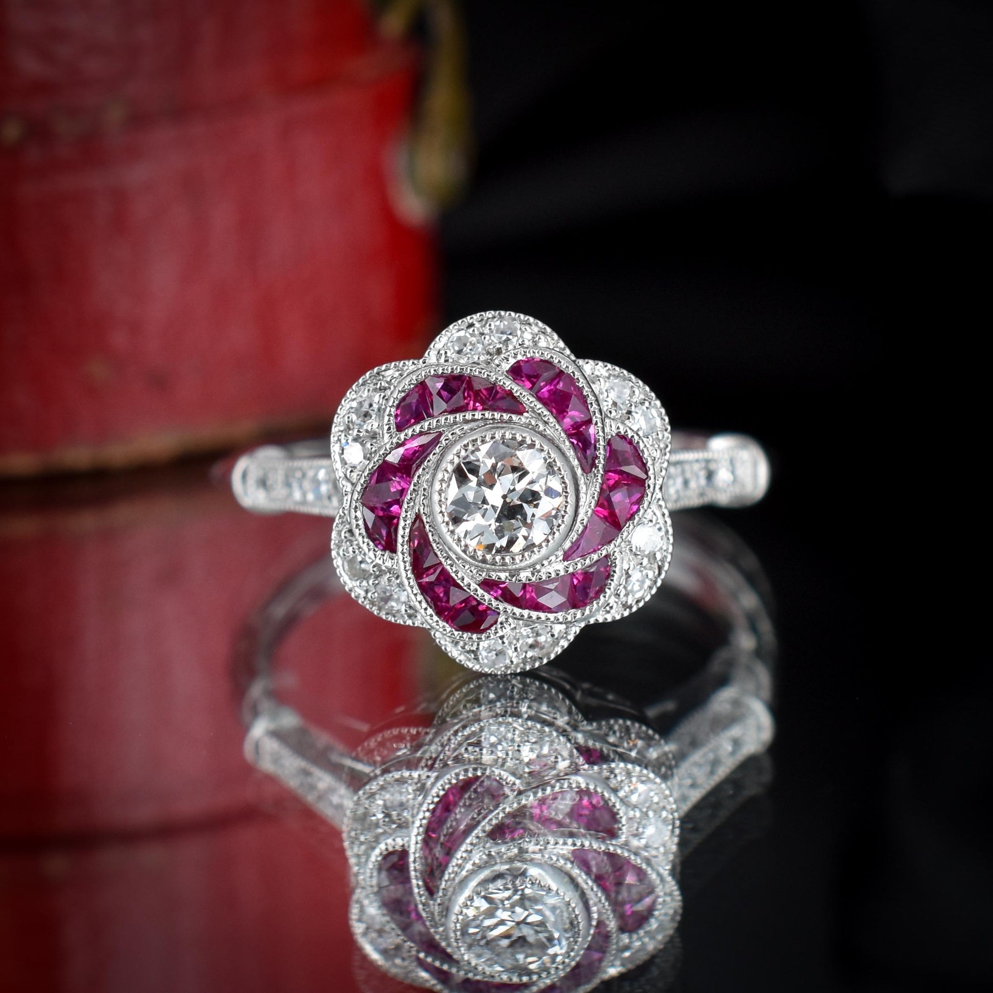 Art Deco Style Ruby and Old Cut Diamond Flower Cluster Platinum Ring