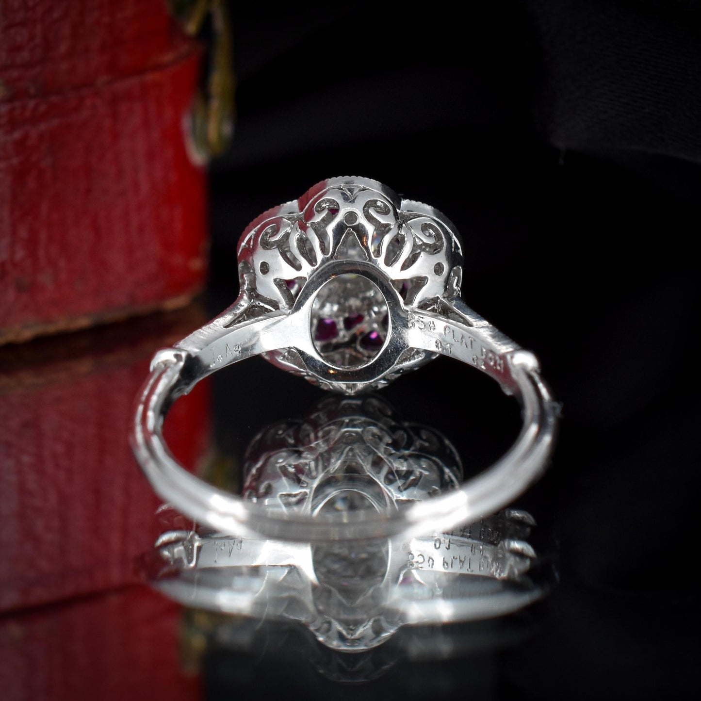 Art Deco Style Ruby and Old Cut Diamond Flower Cluster Platinum Ring