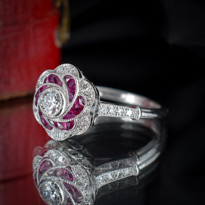 Art Deco Style Ruby and Old Cut Diamond Flower Cluster Platinum Ring